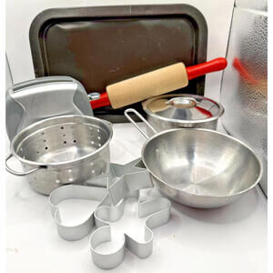 Vintage Children's Play Cooking Set, Baking, Cooking plus Toaster, 10 Pieces